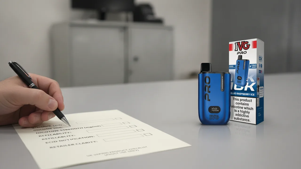 Adult shopper checking high-puff vape packaging against a buyer and retailer compliance checklist.