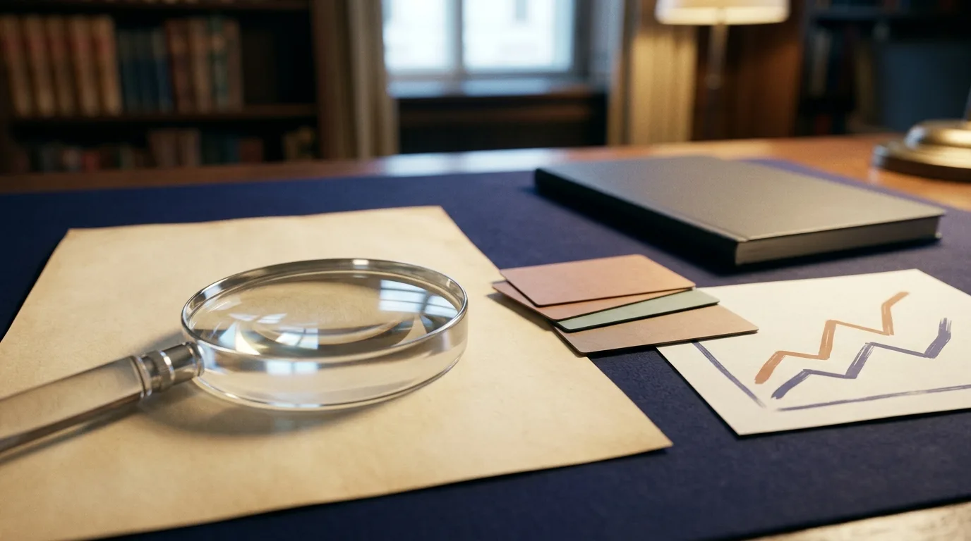 A magnifying glass over blank evidence notes, representing cautious interpretation of public-health research.