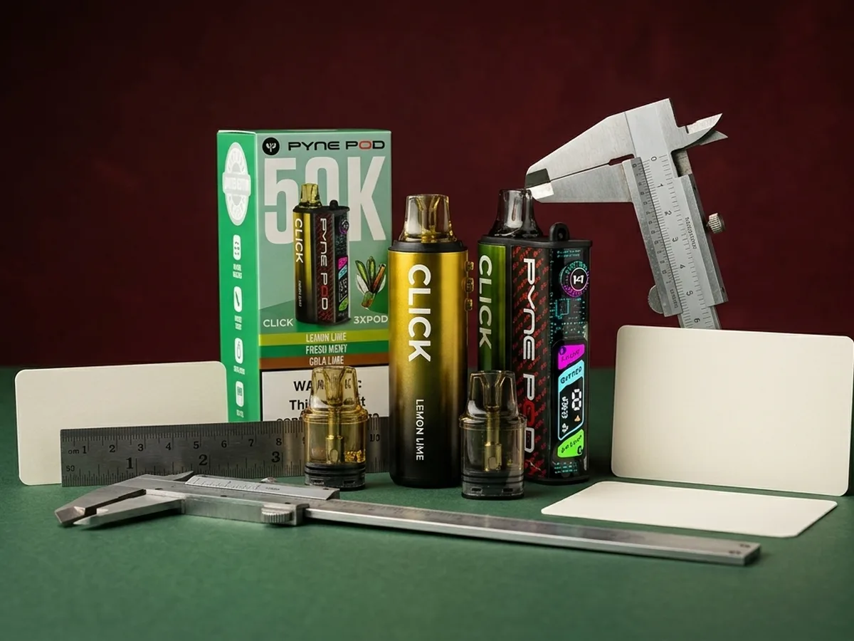 Pyne Pod Click 50K kit components measured with ruler and calipers for puff-claim context