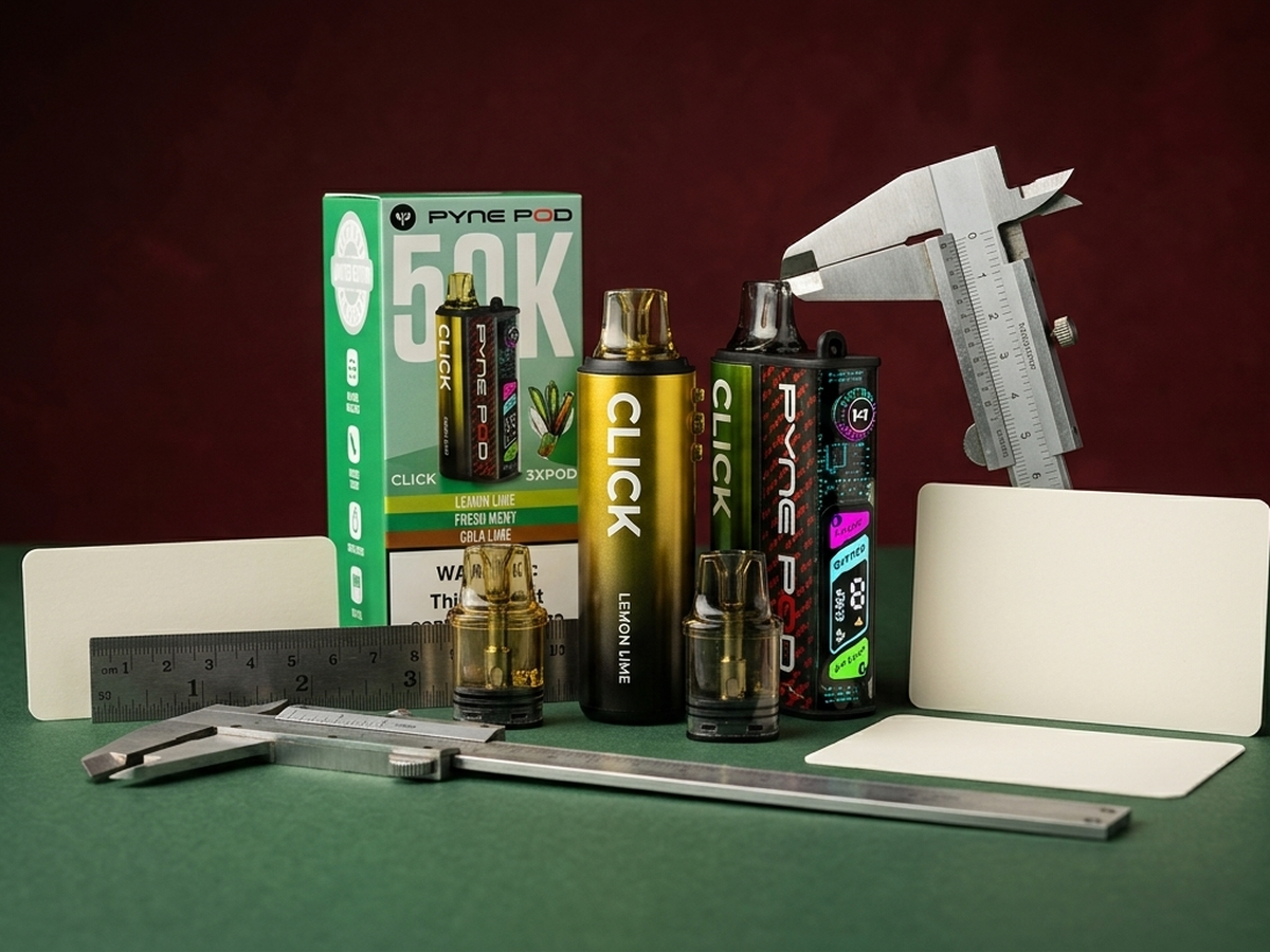 Pyne Pod Click 50K kit components measured with ruler and calipers for puff-claim context