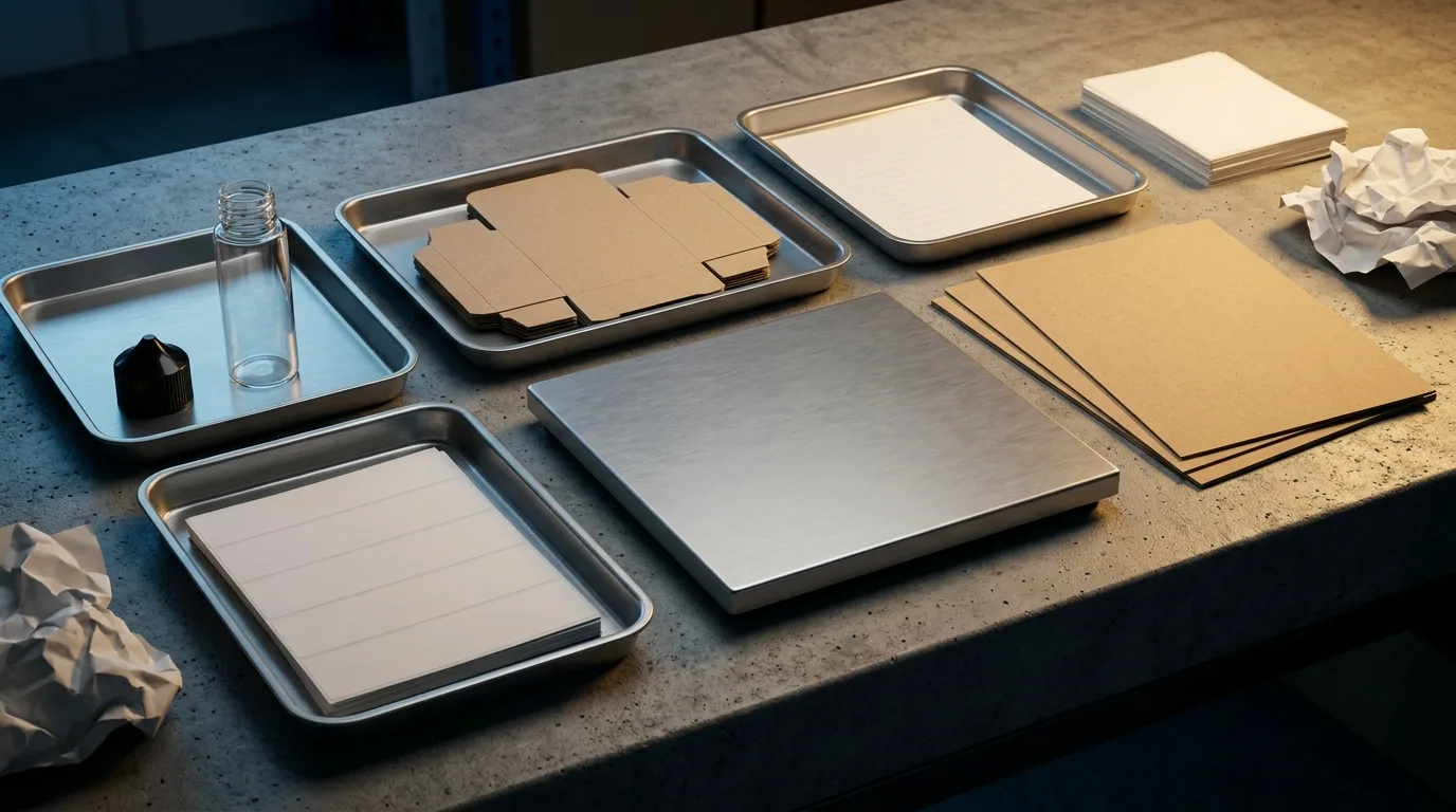 Blank packaging components separated on metal trays for component-level EPR weight evidence.