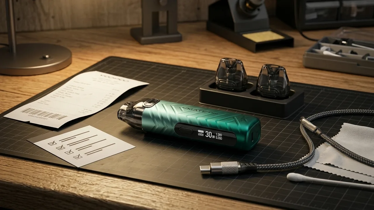 Rechargeable vape kit on a diagnostic workbench with USB-C cable, receipt, checklist card and replacement pods for fault checking
