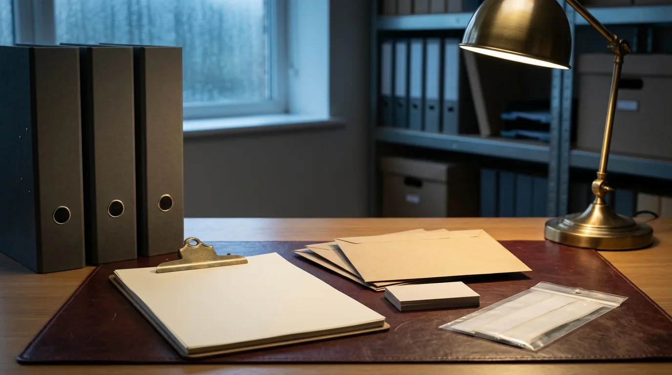 Blank evidence-file binders, envelopes and record cards on an archive desk for duty-stamp source checks.