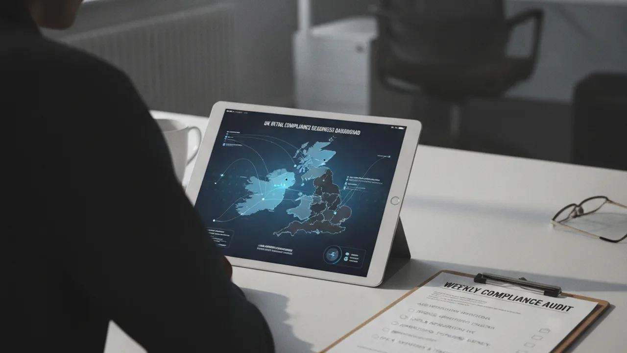 UK vape retail operations manager reviewing a compliance readiness dashboard and checklist