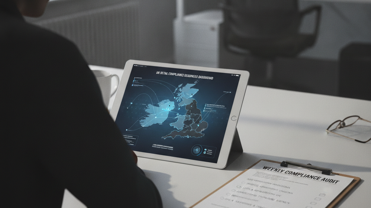 UK vape retail operations manager reviewing a compliance readiness dashboard and checklist