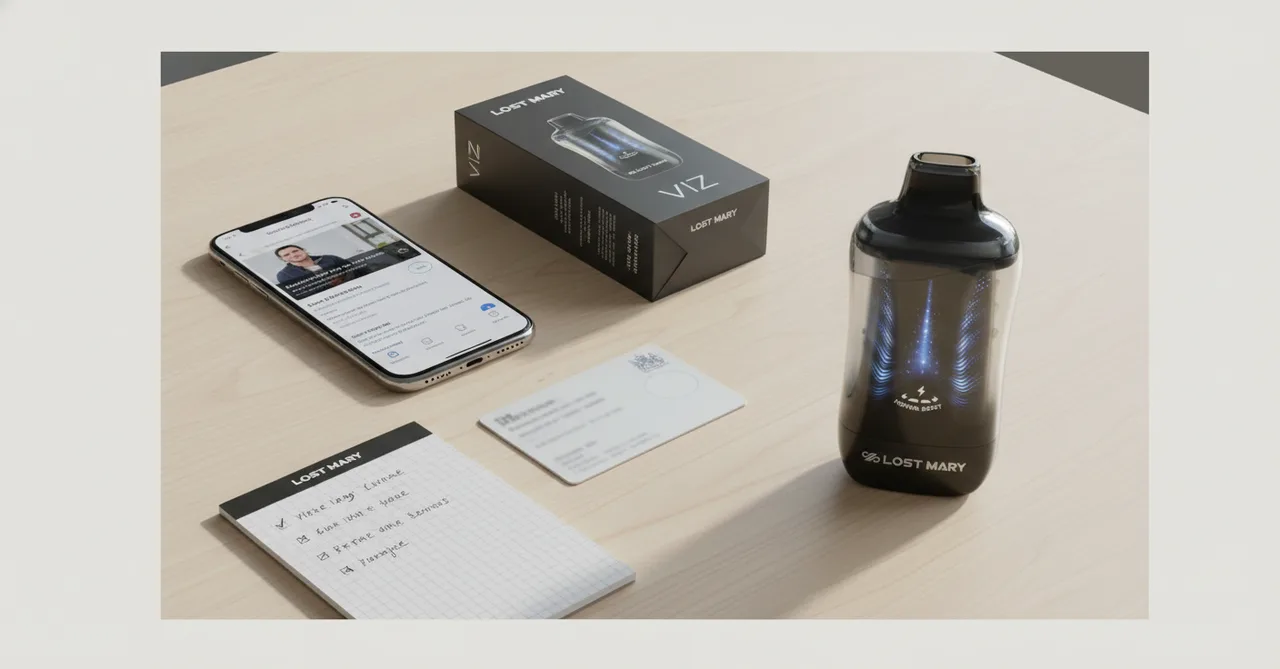 Adult buyer due-diligence scene with a Lost Mary VIZ device, its retail box, a phone showing a stockist-verification page, a notepad with handwritten checklist items and verification cards.
