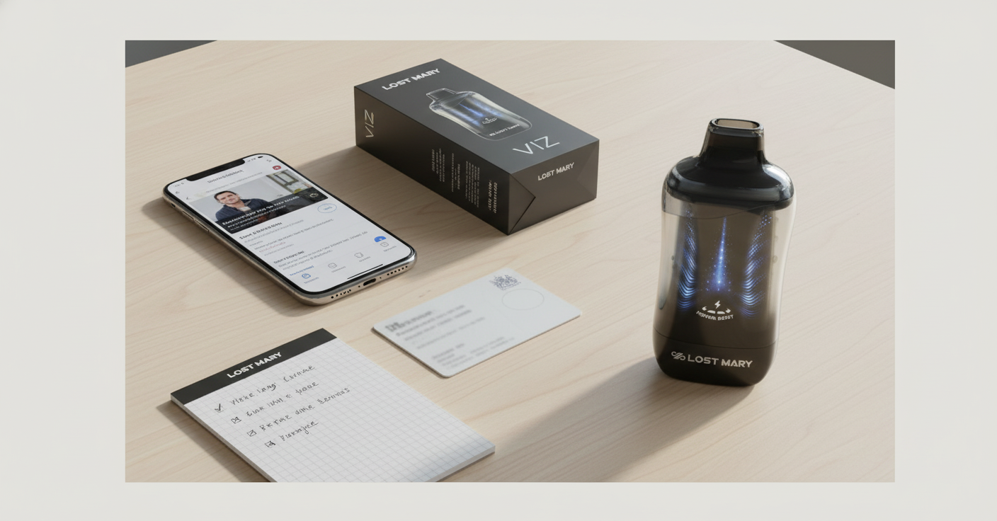 Adult buyer due-diligence scene with a Lost Mary VIZ device, its retail box, a phone showing a stockist-verification page, a notepad with handwritten checklist items and verification cards.