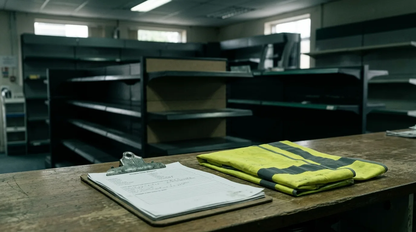 Trading Standards inspection scene: a clipboard, hi-vis tabard and empty display fixtures inside a small UK retail unit.