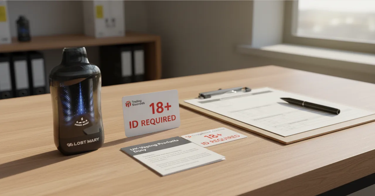Lost Mary VIZ vape device next to a UK '18+ ID REQUIRED' age-verification notice, compliance clipboard and product information cards on a UK retailer back-office desk.