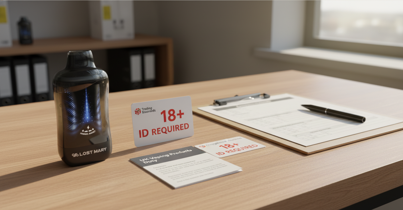 Lost Mary VIZ vape device next to a UK '18+ ID REQUIRED' age-verification notice, compliance clipboard and product information cards on a UK retailer back-office desk.