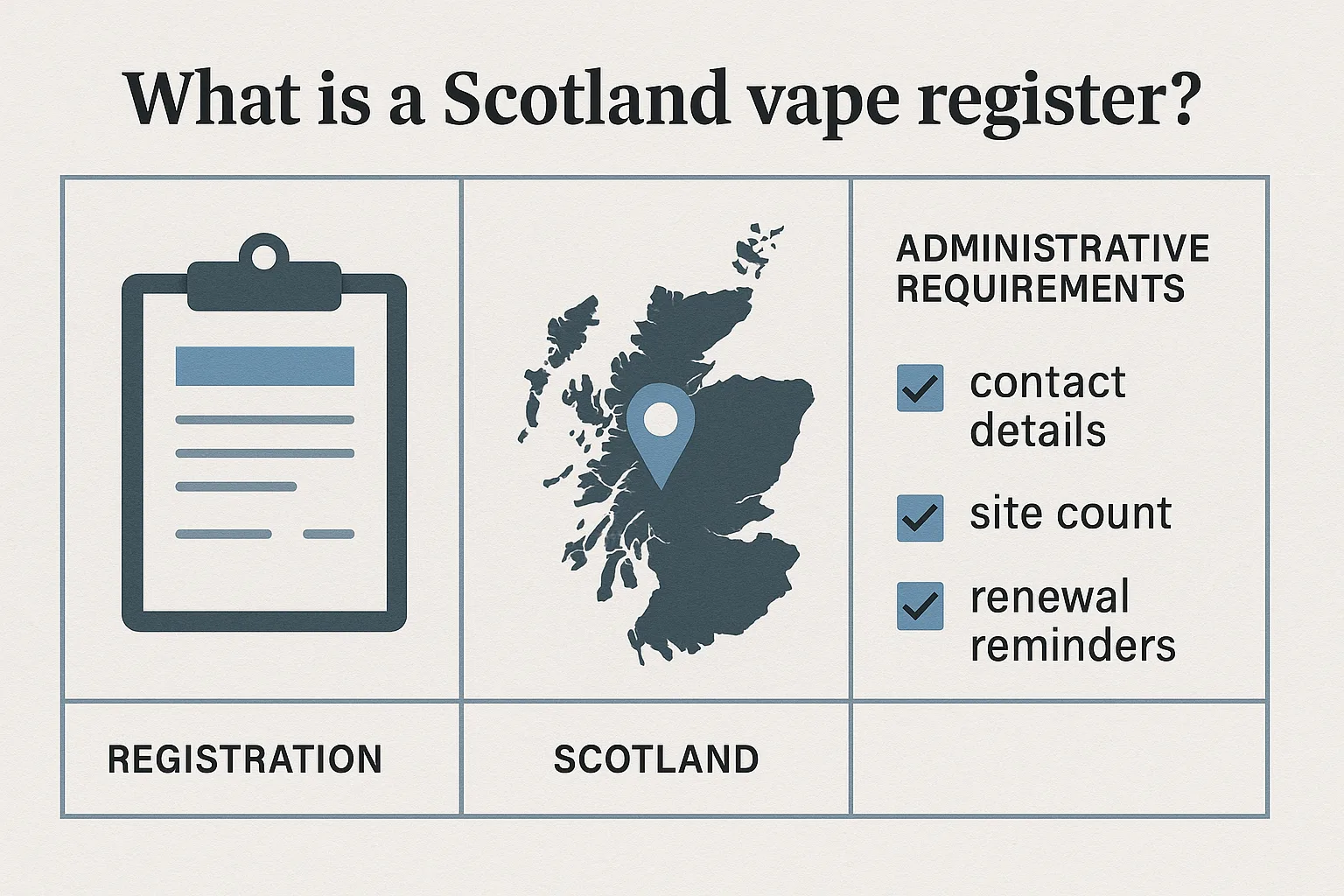 Editorial infographic explaining what a Scotland vape register is, with a checklist, Scotland map, and registration paperwork.