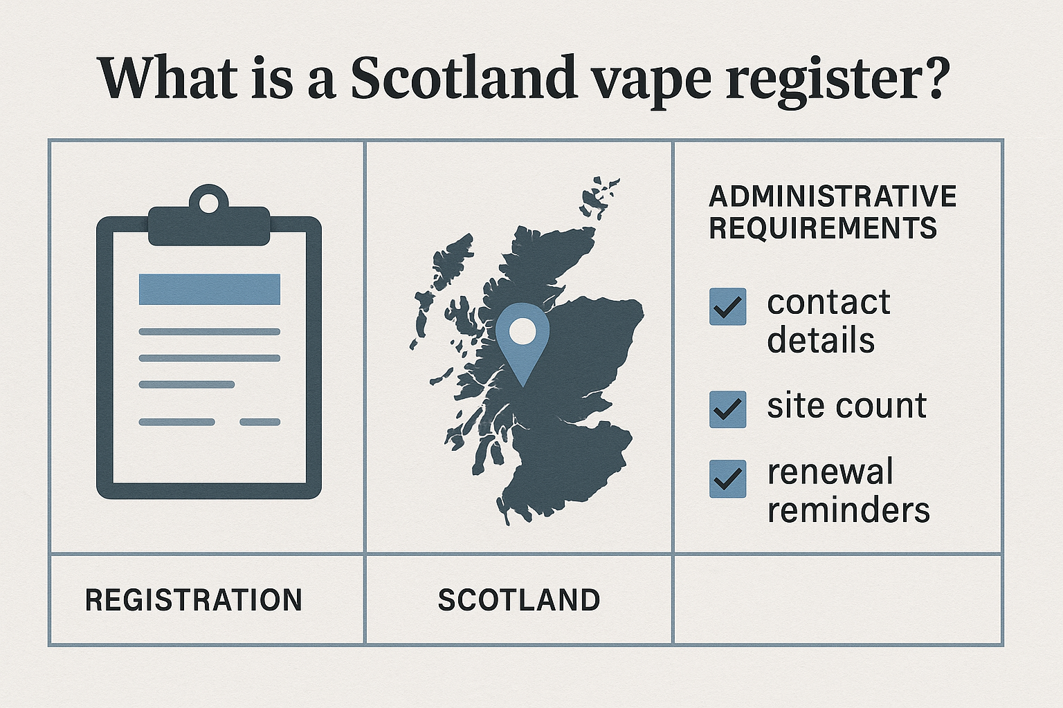 Editorial infographic explaining what a Scotland vape register is, with a checklist, Scotland map, and registration paperwork.