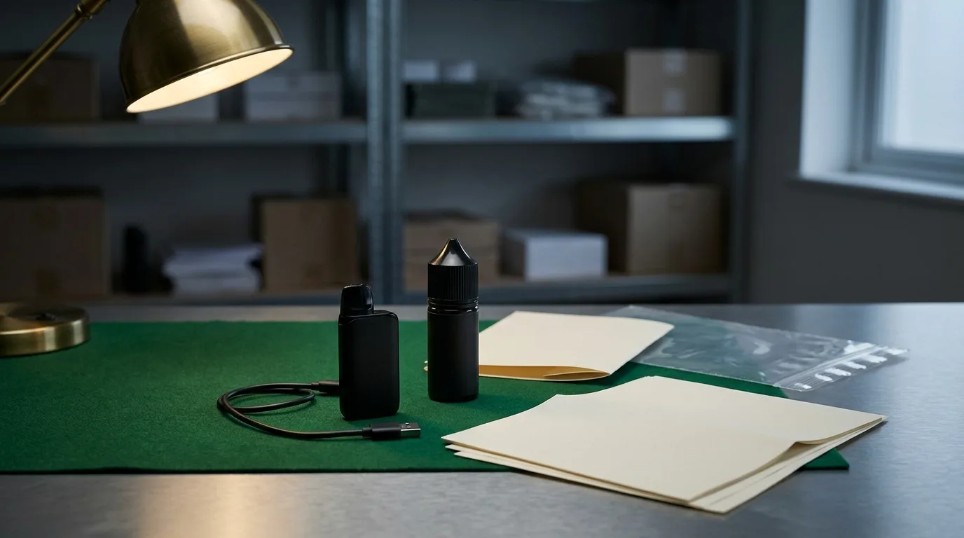 Unbranded reusable vape evidence arranged for an adult compliance inspection.
