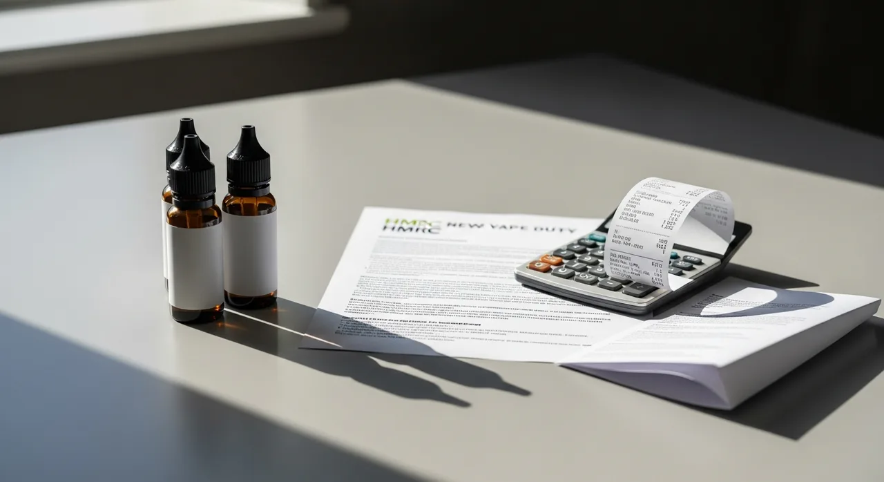 Two plain unbranded amber e-liquid bottles on a desk beside a printed HMRC-style duty-rate notice, a calculator with a printed receipt and a folded leaflet — illustrating how UK Vaping Products Duty is calculated on retail e-liquid.