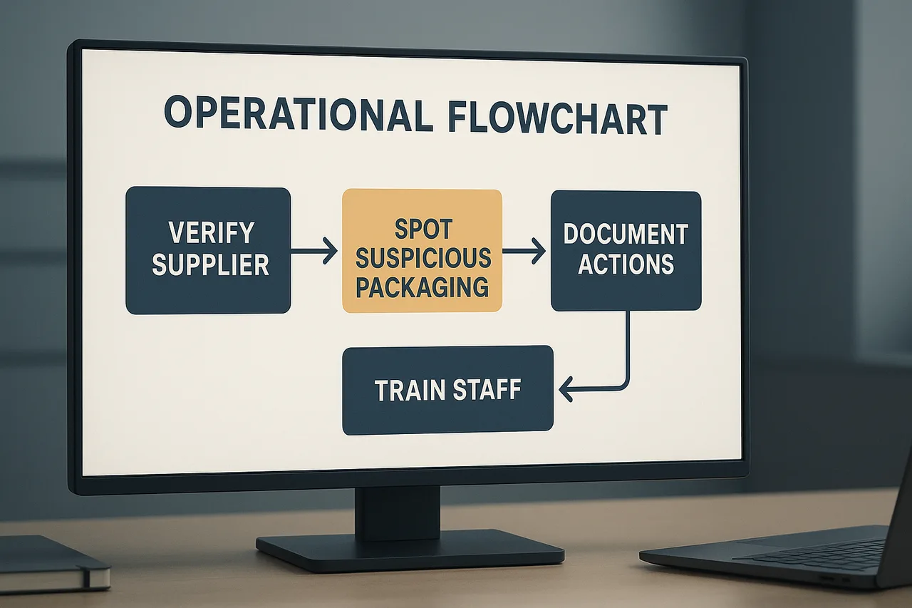 Editorial flowchart on a shop-office screen showing supplier verification, suspicious packaging checks, documentation, and staff training for counterfeit prevention.