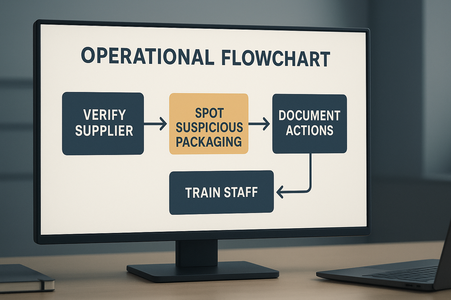Editorial flowchart on a shop-office screen showing supplier verification, suspicious packaging checks, documentation, and staff training for counterfeit prevention.
