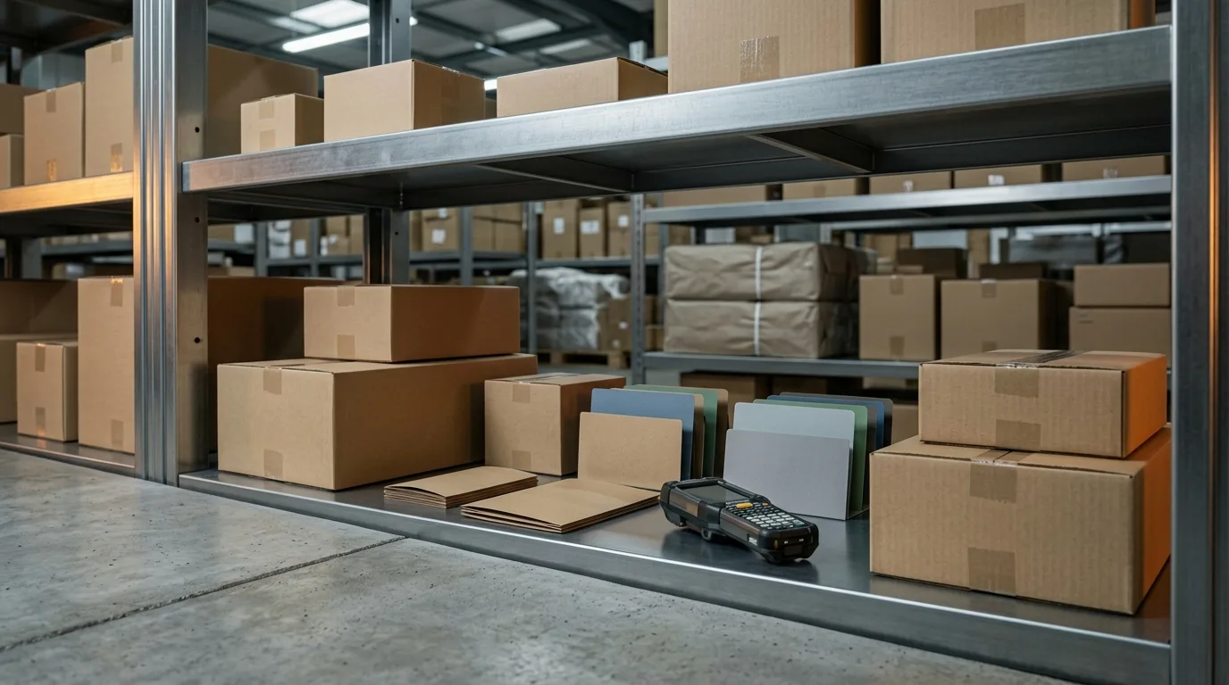 Blank cartons and colour-coded dividers in an importer warehouse compliance bay.