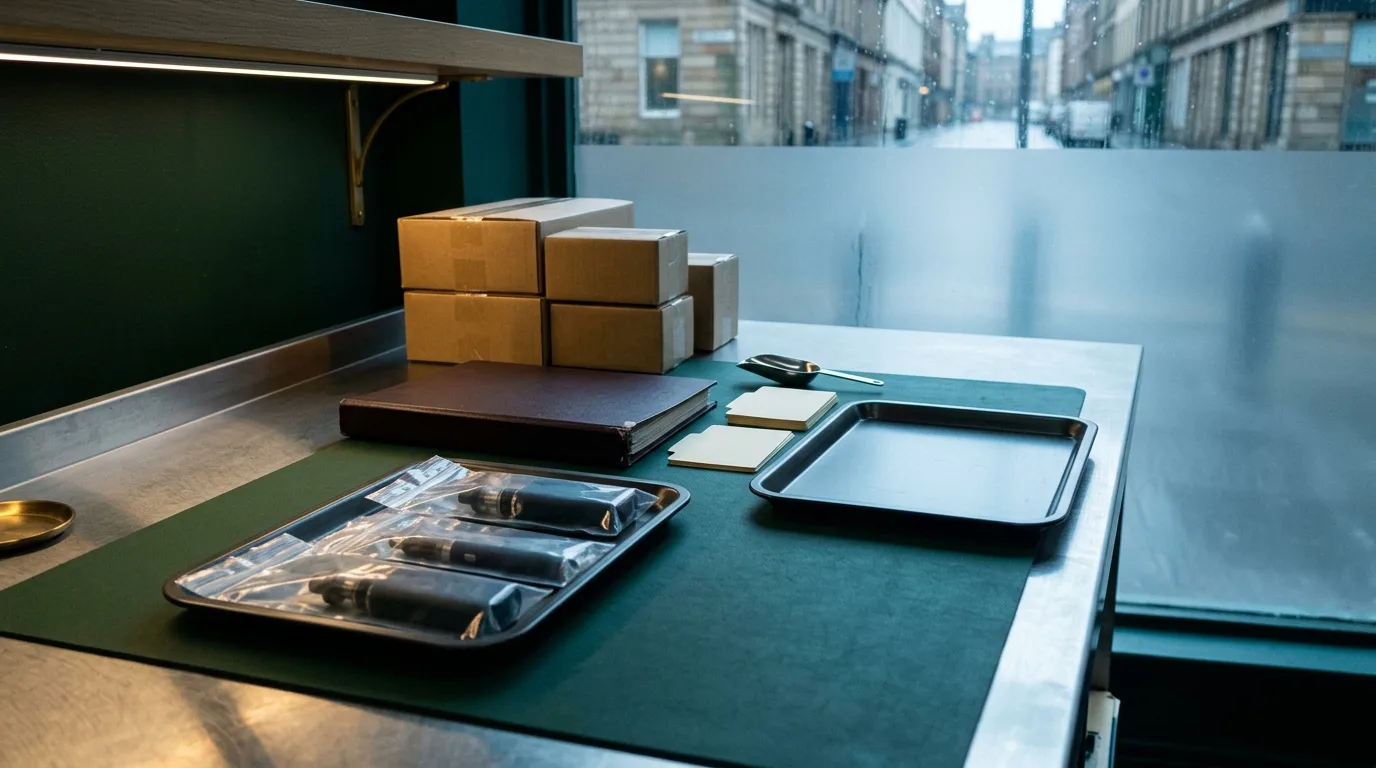Separated blank stock trays, sealed cartons and anonymised vape evidence bags arranged on a back-office compliance workbench.