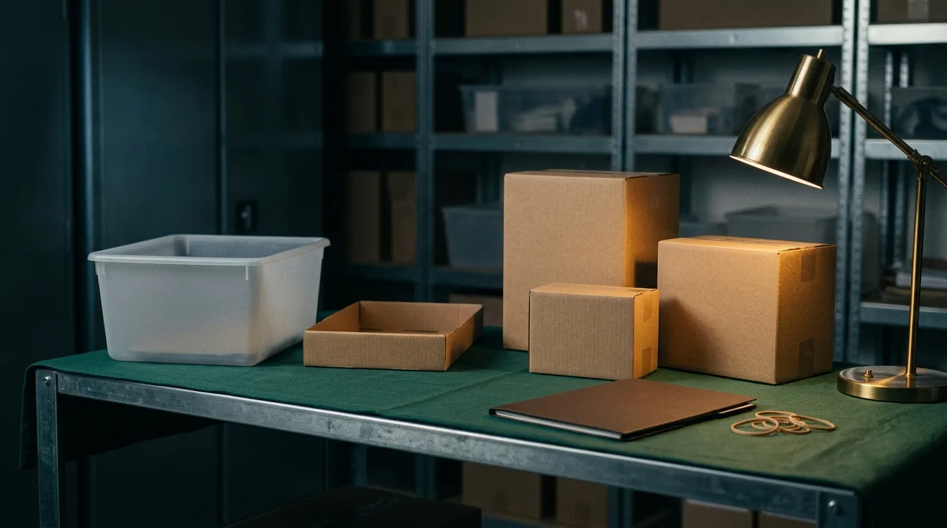 Blank stockroom cartons and recycling props arranged for adult vape retail compliance separation.