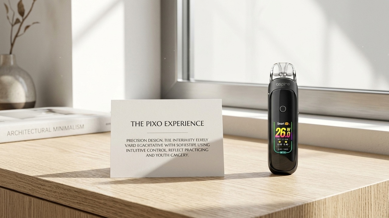 The Aspire Pixo upright on a clean pale-oak surface beside a small plain printed card, bright natural daylight, crisp minimal editorial