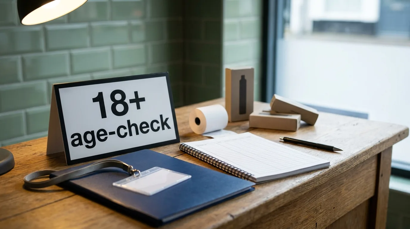 Vape shop counter with age-verification checklist and compliance paperwork