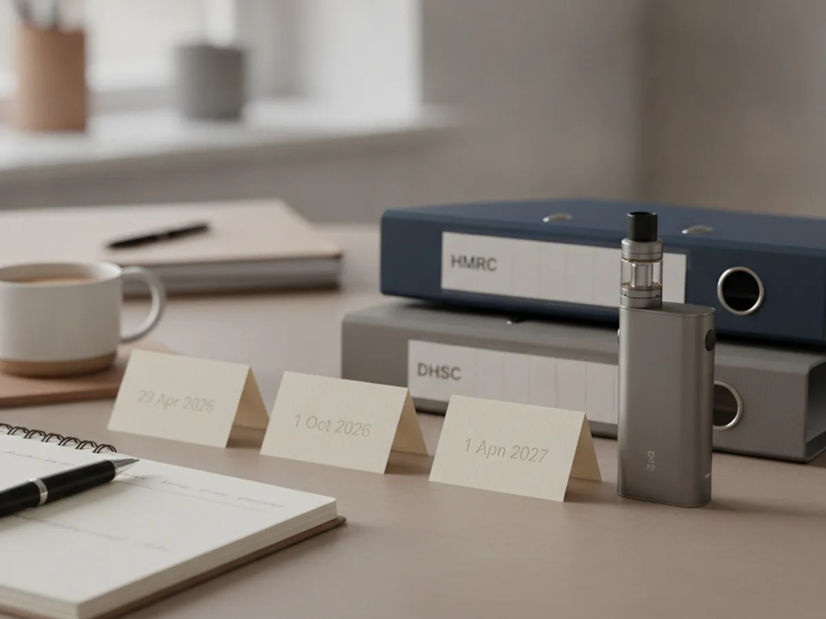 Timeline and compliance desk scene showing 2027 vape advertising review notes and factual product information cards.