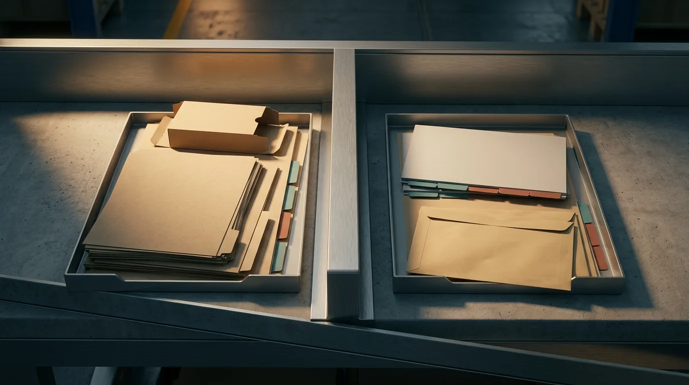 Two separate blank compliance work trays on an industrial bench for EPR and duty planning.