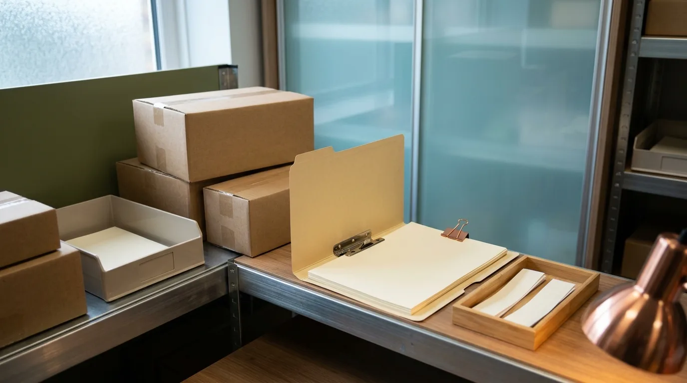 Blank vape stock evidence cartons, folders and inspection tray in a retailer stockroom.