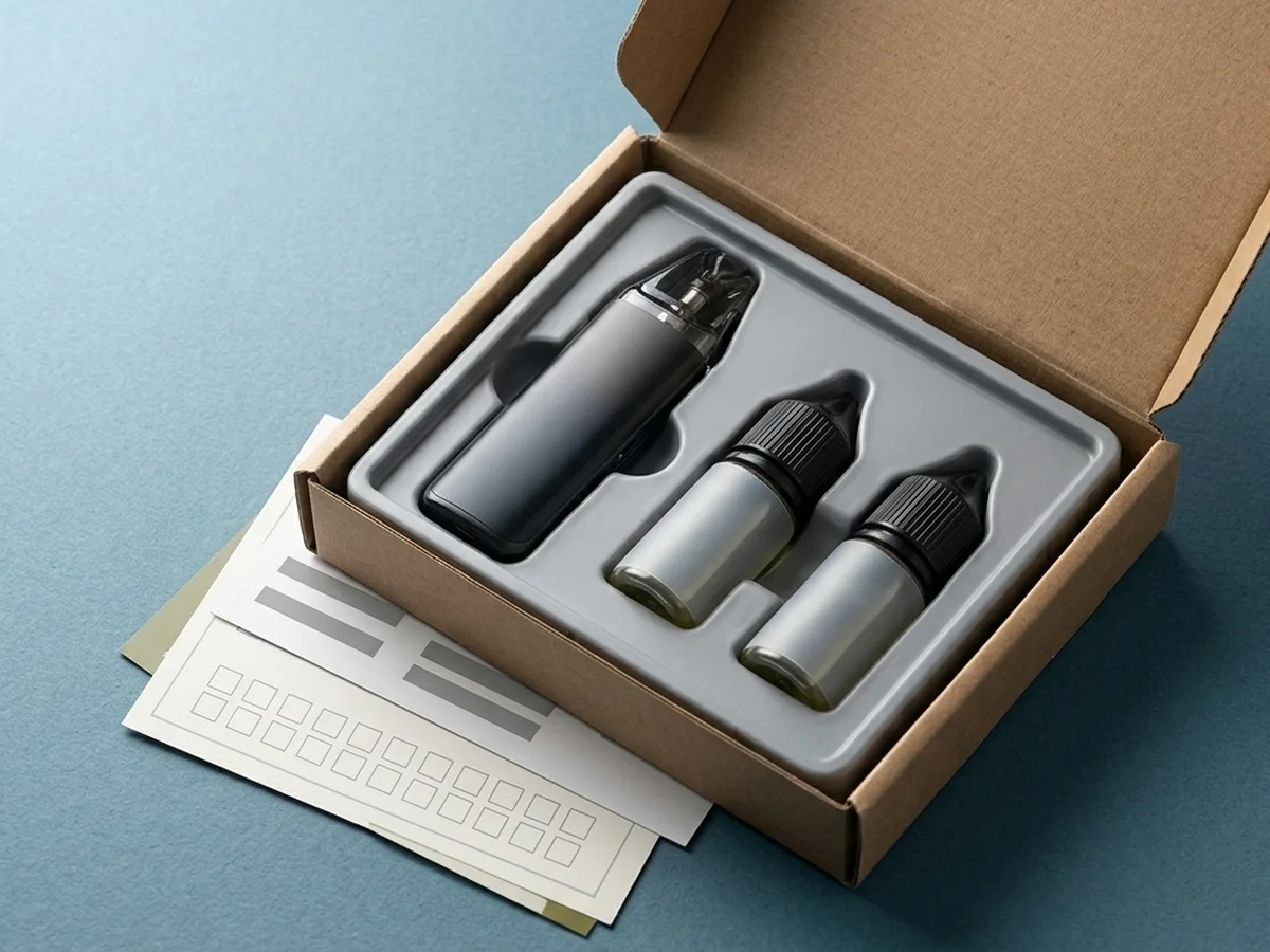 Plain four-week vape starter kit mailer with refillable pod kit, nic-salt bottles, calendar and support paperwork